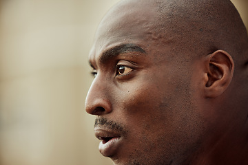 Image showing Face, fitness or black man ready to start running exercise, cardio workout or sports exercise outdoors. Motivation, runner or healthy African athlete thinking of mission target, vision focus or goals