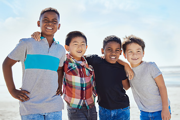 Image showing Beach portrait, diversity and children hug on Miami Florida travel vacation for calm, freedom or outdoor peace. Blue sky, ocean sea and happy youth kids or young friends on summer USA holiday for fun