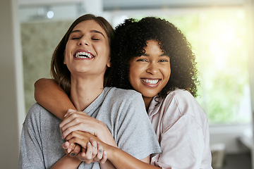 Image showing Women, laughing friends or bonding hug in house, home or hotel on girls vacation, holiday or luxury skincare spa. Portrait, smile or happy girls in embrace for hospitality relax wellness or self love