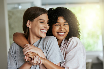 Image showing Women, friends or bonding hug in house, home or hotel for girls vacation, holiday or luxury skincare spa. Portrait, smile or happy people in embrace for hospitality wellness, healthcare or self love