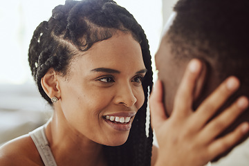 Image showing Black couple, face and smile in morning, bedroom and love with bonding, care and romance in home. Happy couple, eye contact and together for happiness, holiday or vacation in hotel, room or house