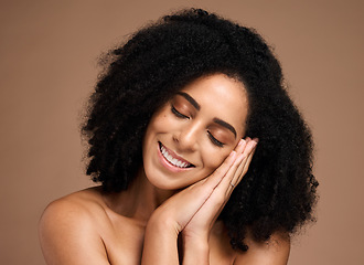 Image showing Beauty, skincare and smile with face of black woman for skincare, glow and cosmetics. Facial, spa and relax with girl model for product, makeup and wellness dermatology in brown background studio