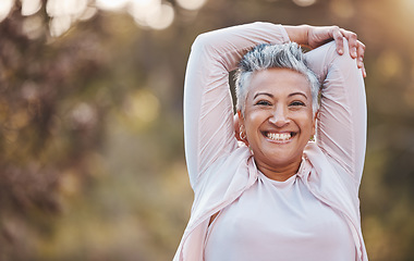 Image showing Fitness, portrait or happy old woman stretching in nature to start training, body exercise or hiking workout in Portugal. Freedom, face or healthy senior person smiles with pride, goals or motivation