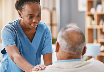 Image showing Help, support and medical with nurse and old man for retirement, rehabilitation or healing. Empathy, physical therapy and healthcare with patient and black woman in nursing home for caregiver service