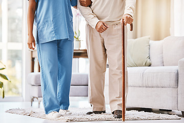 Image showing Walking stick, nursing home and senior patient with medical help, support and therapy for disability, cancer and arthritis. Cane, elderly disabled man and caregiver for sick, osteoporosis and service