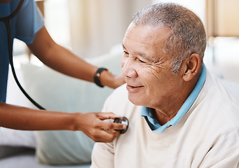 Image showing Senior man, doctor and stethoscope in healthcare service, caregiver career or heart check in hospital, clinic or retirement home. Nursing, consulting and cardiology of elderly patient and black woman