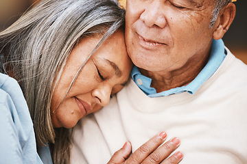 Image showing Love, grief and elderly couple hugging with support, bonding and spending quality time together at home. Affection, loss and sad senior man and woman in retirement embracing with care at their house.