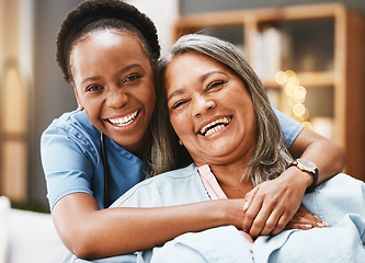 Image showing Senior care, hug and portrait of nurse with patient for medical help, healthcare or physiotherapy. Charity, volunteer caregiver and face of black woman at nursing home for disability rehabilitation