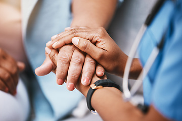 Image showing Empathy, trust and nurse holding hands with patient for help, consulting support and healthcare advice. Kindness, counseling and medical therapy in nursing home for hope, consultation and psychology