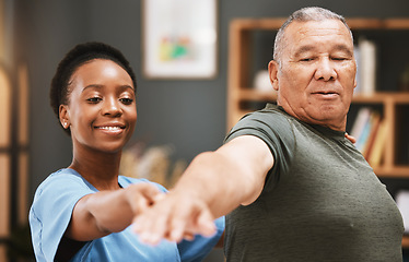 Image showing Patient stretching, physiotherapist black woman and physical therapy help for muscle or arthritis exercise in consulting exam. Physiotherapy, chiropractor and healthcare rehabilitation support of man