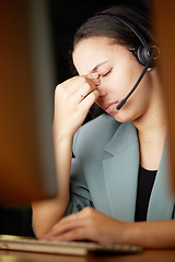 Image showing Stress, headache and call center woman on computer telemarketing fail, anxiety or burnout in global, virtual customer support. Tired, fatigue financial advisor or consultant frustrated, sad or angry