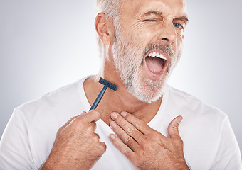 Image showing Man, face or neck shaving injury on gray studio background in self care grooming, healthcare wellness or beard beauty aesthetic. Portrait, mature model or hair removal pain with cleaning facial razor