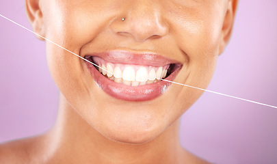 Image showing Teeth, dental floss and beauty with woman, face zoom and smile, cosmetic and oral healthcare against purple background. Flossing, fresh breath and health for mouth, teeth whitening with Invisalign.