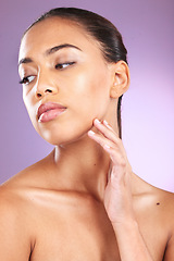 Image showing Skincare, beauty glow and woman thinking of makeup, advertising cosmetics and body wellness on a purple studio background. Spa, dermatology and cosmetic model marketing facial cosmetology treatment