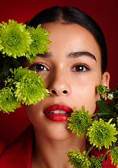 Image showing Beauty, flowers and face with woman and lipstick, natural cosmetics with nature, skincare and organic treatment against red studio background. Lips, portrait and microblading, eyebrow care and makeup