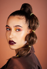 Image showing Hair, beauty and hair care portrait with woman, makeup and cosmetics with lipstick and eye shadow against studio background. Microblading, lashes with long hair and healthy growth, glow and shine