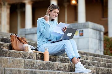 Image showing Wow, success or excited college student with news, results or report feedback at university campus steps. Celebration, education or happy school girl reading exam paper marks or test score with pride