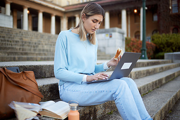 Image showing College, learning and food with woman and laptop for education, lunch break and academy research. University, knowledge and goal with girl student and sandwich on stairs of campus for relax and study