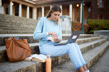 Image showing College, learning and sandwich with woman and laptop for education, lunch break and academy research. University, knowledge and goal with girl student and food on stairs of campus for relax and study