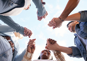 Image showing Support, teamwork or students holding hands with goals, educational community or hope for future success. University, team building or happy friends in partnership or college with a mission or vision