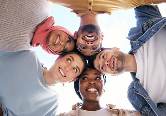 Image showing Diversity, partnership or happy students with goals, educational community or hope for future success. Faces, funny or school friends on university or college campus with a group mission or vision