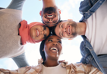 Image showing Support, team work or happy students with goals, educational community or hope for future success. Diversity, low angle or friends in university or college planning a social group mission or vision