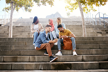 Image showing Relax, phone or students on steps at lunch break talking or speaking of future goals or education on campus. Social media, school or happy friends in university or college bonding in fun conversation