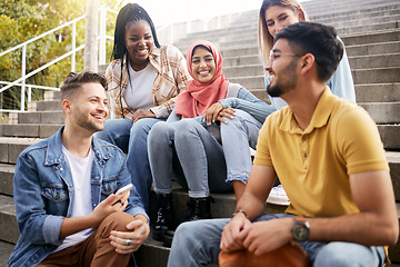 Image showing Relax, diversity or students on steps at break talking or speaking of goals, education or future plan. Group, school or happy friends in university or college bonding in a fun social conversation