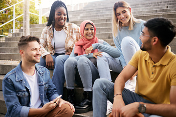 Image showing Relax, happy or students on steps at break talking or speaking of future goals or education. Diversity, school or funny friends in university laughing or bonding in conversation on college campus