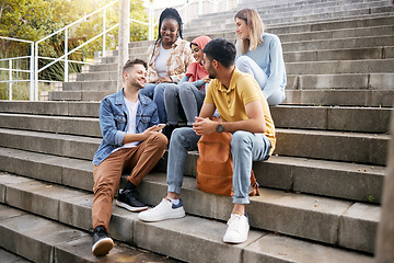 Image showing Relax, friends or students on steps at lunch break talking or speaking of goals, education or future. Diversity, school or happy young people in university or college bonding in social conversation