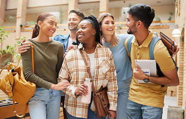 Image showing Students, people and group of friends in university getting ready for learning. Scholarship, education and happy men and women together at school, campus or college bonding, talking or conversation.