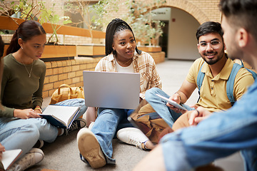 Image showing Study, laptop and group of students research, planning or learning ideas, communication and teamwork in university. Project, education and college diversity friends or people collaboration in school