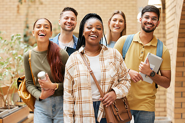 Image showing University students, group and portrait of friends getting ready for learning. Scholarship, education or happy people standing together at school, campus or college bonding and preparing for studying