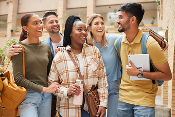 Image showing People, students and group of friends in university getting ready for learning. Scholarship, education and happy men and women standing together at school, campus or college, bonding and conversation