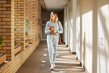 Image showing Education, scholarship and woman at college for learning, knowledge and studying for future on campus. University, happy and student with idea for higher education at an academy thinking with a smile