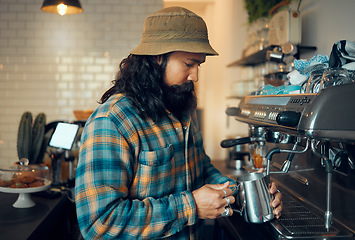 Image showing Cafe worker, coffee shop barista and man work on espresso machine in a restaurant. Waiter, milk foam and breakfast latte of a person from Brazil working on job, food order and service with focus