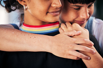 Image showing Love, hug and gay couple with support, relationship peace and calm together in Brazil. Freedom, calm and lgbtq women with affection, pride and friends free in lesbian identity in the city together