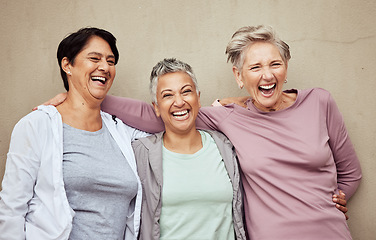 Image showing Senior women, group and laughing for fitness, workout or happiness of healthy lifestyle together. Mature female friends relax after training, wellness and funny retirement exercise on wall background