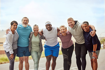 Image showing Fitness, portrait and group of friends in city ready for training, workout or exercise. Face, sports and teamwork of senior people together with coach outdoors preparing for exercising, jog or cardio