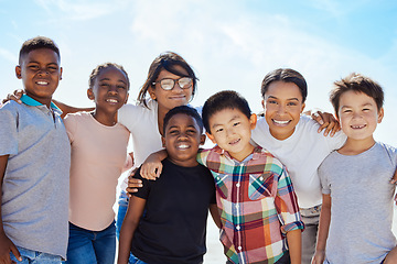 Image showing Family, adoption and kids portrait on beach with mom enjoying USA summer vacation in the sun. Foster, interracial and happy family hug together with smile on vacation break in nature.