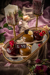 Image showing Still life of heart shaped mousse cakes