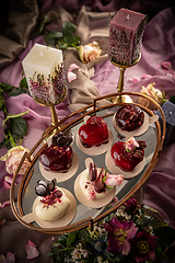 Image showing Still life of heart shaped mini cakes