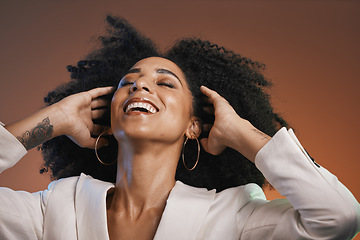 Image showing Hair care, beauty and black woman with makeup, hair and happy with afro and cosmetic care, face and skincare. Hairstyle with facial, natural curly hair texture and pride against studio background