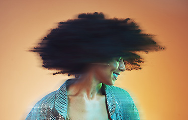 Image showing Black woman with hair blur, disco and dance with glitter fashion, movement with afro against studio background. Natural curly hair, dancing at party with happiness and fun, energy and retro mockup