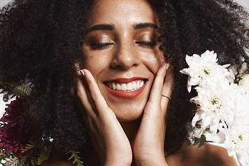 Image showing Self love, beauty and makeup on face of black woman with skincare satisfaction and glowing texture. Aesthetic, happy and wellness of confident cosmetics model with beautiful smile in white studio.