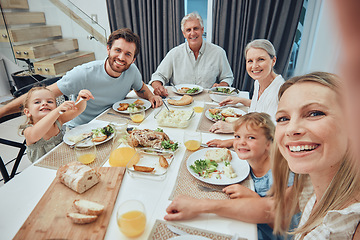 Image showing Family, selfie and dinner with generations and food, parents with grandparents and children smile for picture with quality time together. Photo, big family and happiness with nutrition and meal.