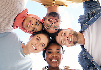 Image showing Diversity, portrait or happy students in huddle or educational community for future success together. Heads, team work or school friends on university or college campus with a group mission or vision