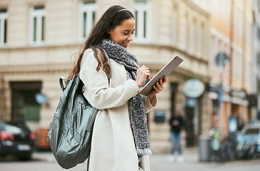 Image showing Marketing woman, travel digital writing and tablet blog of journalist working on street for city story. Social media, happy and young urban reporter outdoor from Spain email about creative job vision