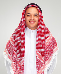 Image showing Portrait, man and muslim with Arabic scarf, smile and happy isolated against white background. Faith, Islam with Islamic or Arab culture, positive mindset with vision, pride in tradition or religion