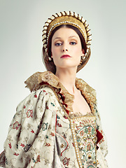 Image showing Renaissance, royalty and portrait of Victorian queen for luxury, history or vintage in England. Medieval, fantasy and beauty with face of woman in regal dress costume for leader, fashion and elegant